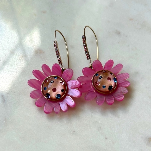 Betsey Johnson Jewelry - Betsey Johnson Pink Flower whimsical pierced Earrings with Gem Accents